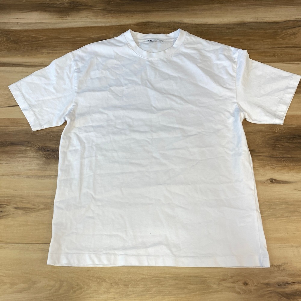 Zara T-Shirt Mens Medium Short Sleeve Heavy Cotton Crewneck Basic White Casual